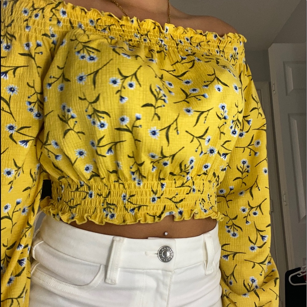 Yellow flowered off the shoulder crop top.